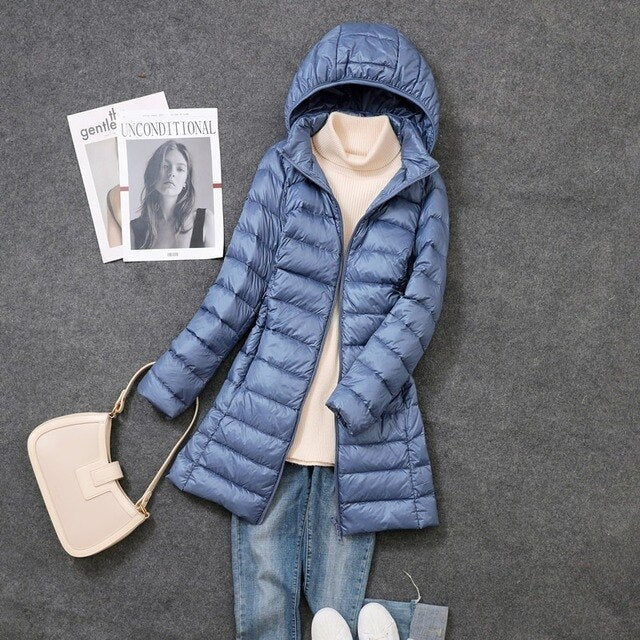Women's Long Down Jacket with Removable Hood for Winter Days