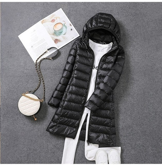 Women's Long Down Jacket with Removable Hood for Winter Days