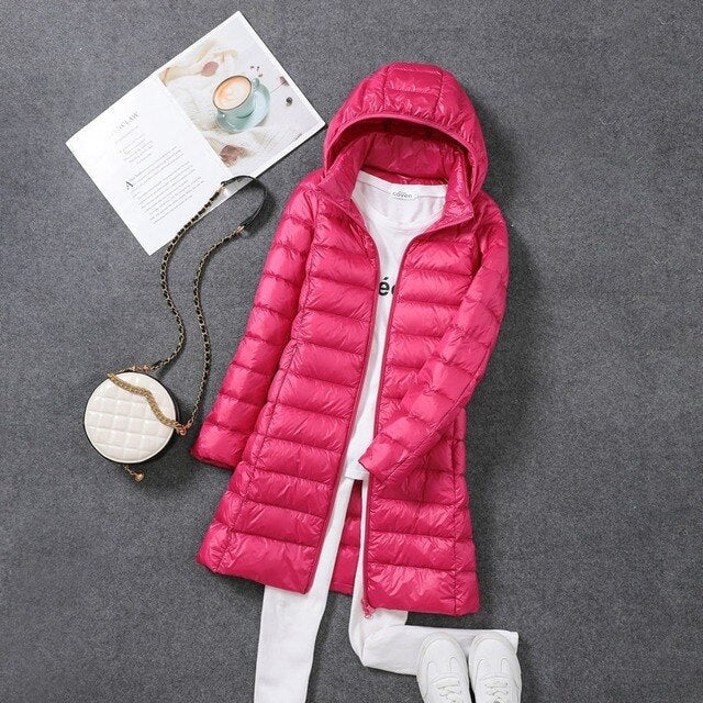 Women's Long Down Jacket with Removable Hood for Winter Days