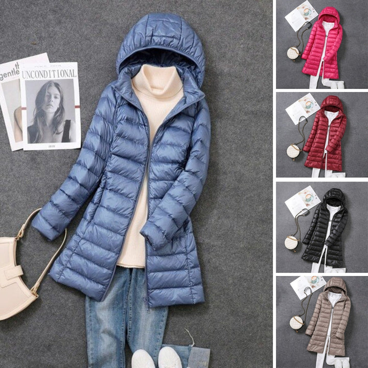Women's Long Down Jacket with Removable Hood for Winter Days