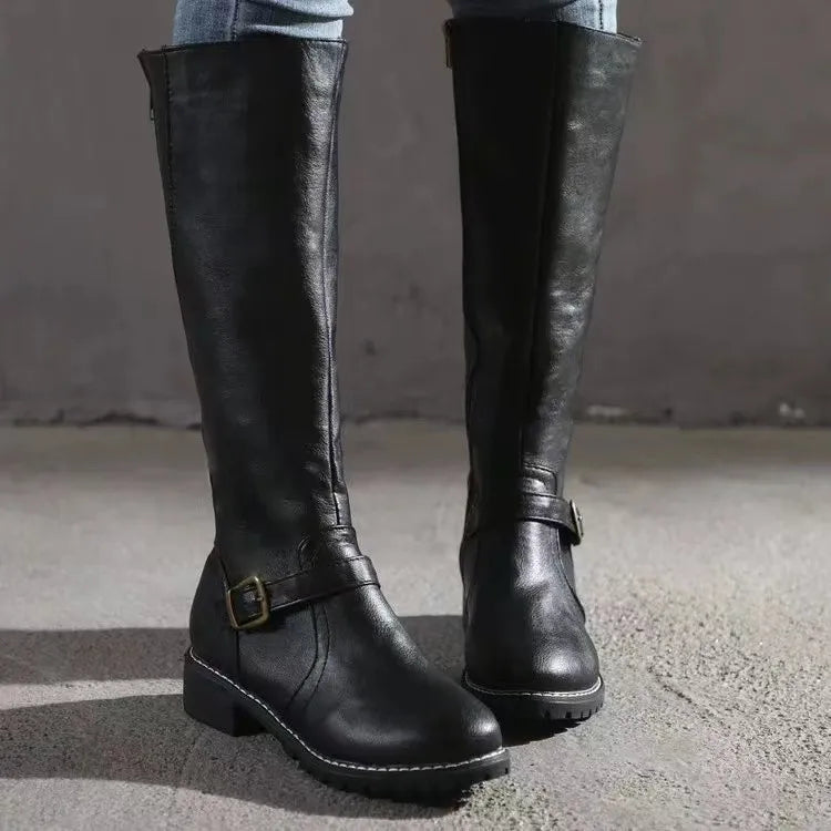 Leather Boots Women High Shaft Buckles Block Heel