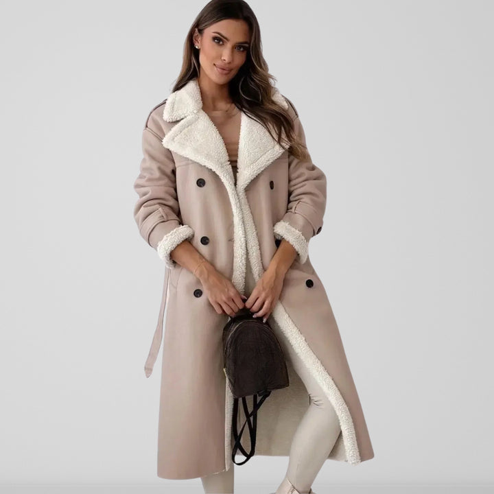 Ladies Coat with Double-Breasted Buttons and Sherpa Lining