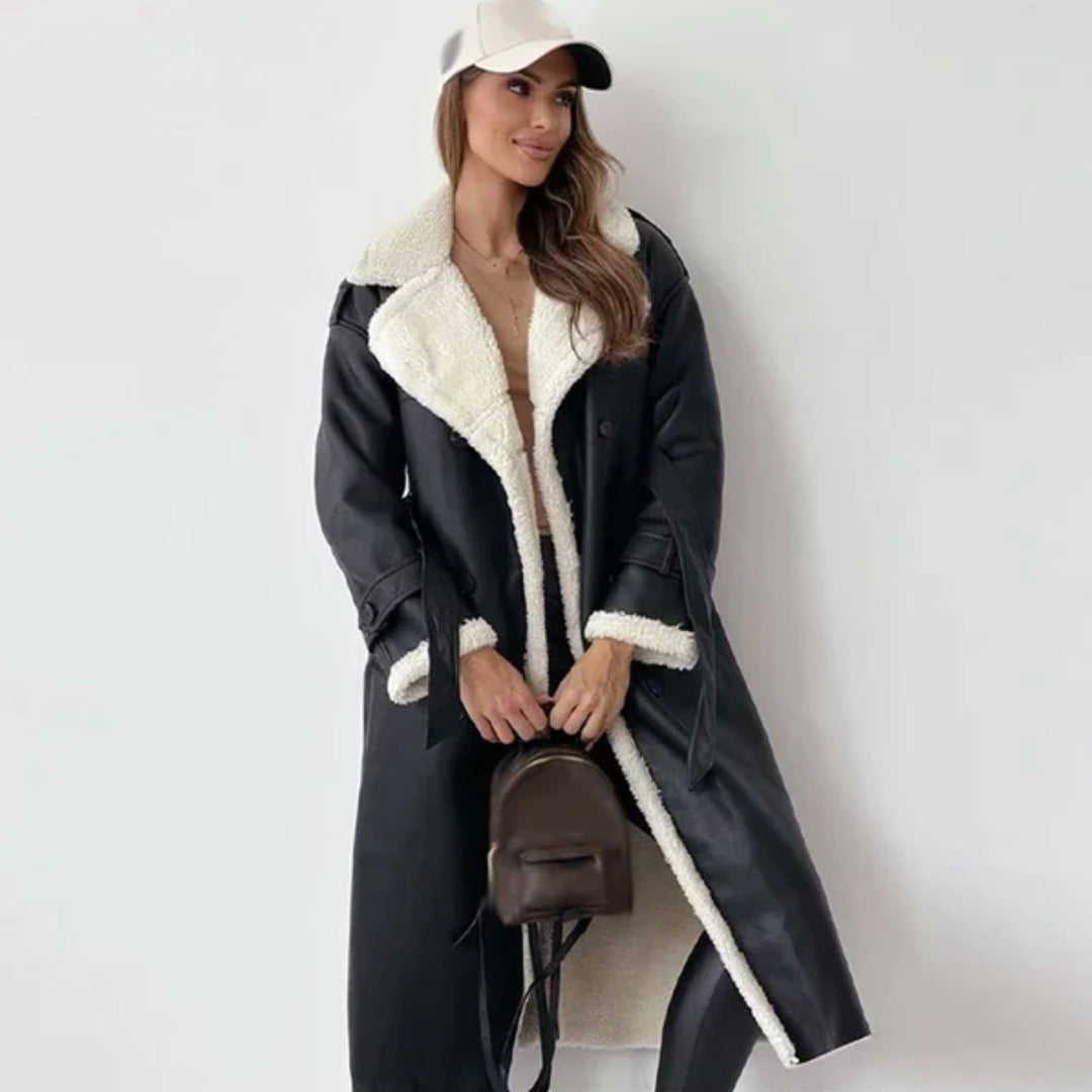 Ladies Coat with Double-Breasted Buttons and Sherpa Lining