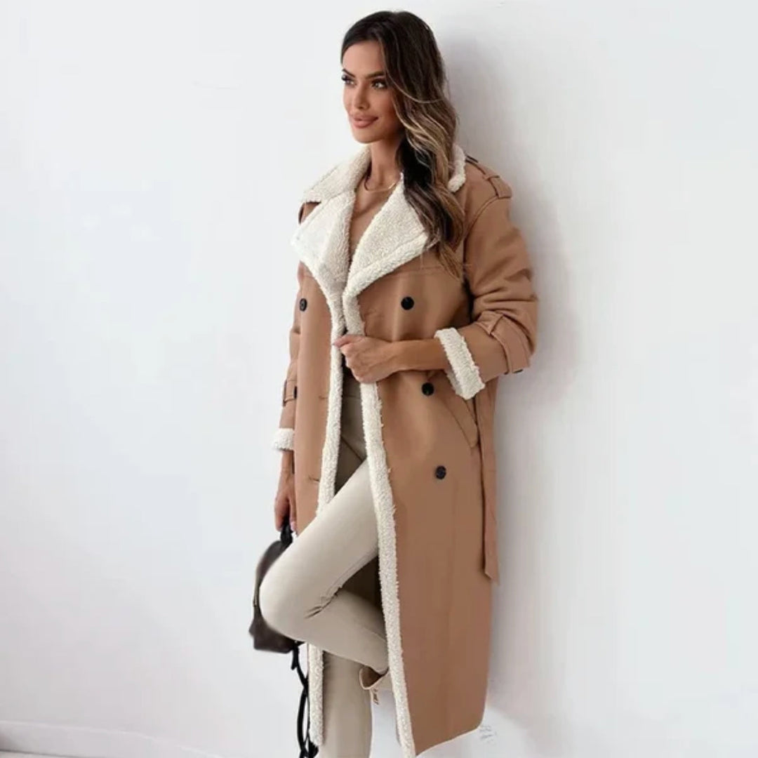Ladies Coat with Double-Breasted Buttons and Sherpa Lining