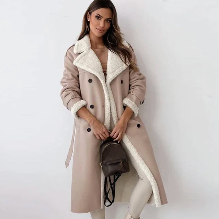 Ladies Coat with Double-Breasted Buttons and Sherpa Lining