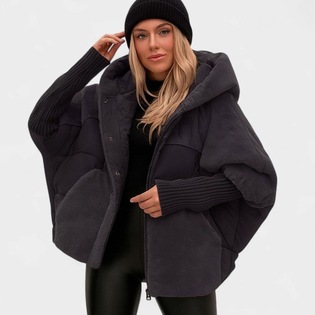 Fleur Women's Oversized Padded Winter Jacket with Hood and Ribbed Cuffs, Grey, view 3 - Elena Harper