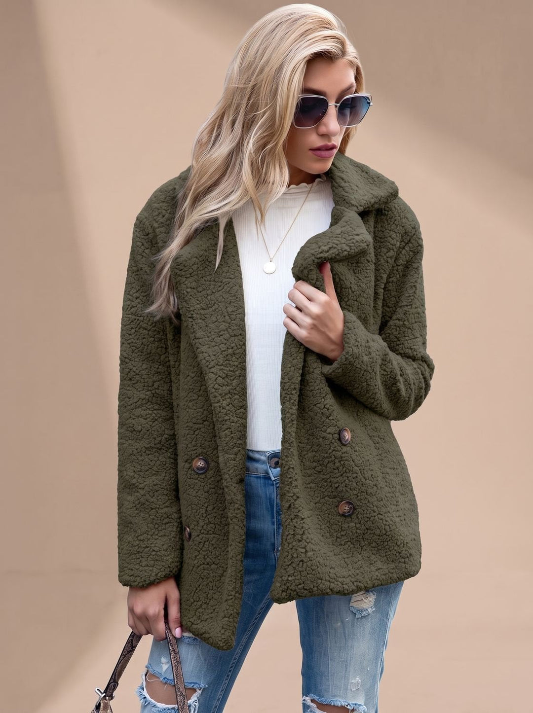 Anna | Women's Teddy Coat with Notched Collar and Double Button Closure
