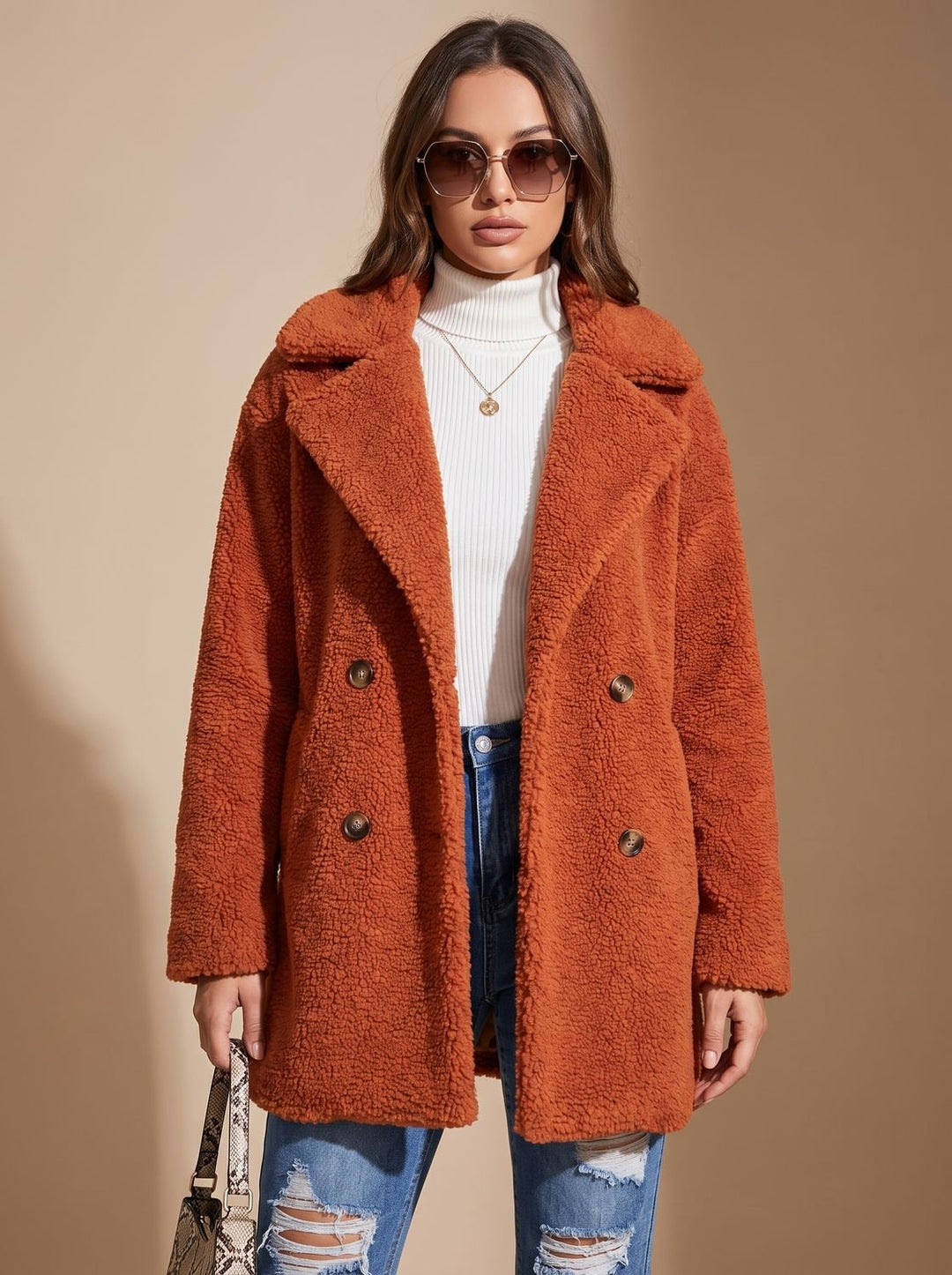 Anna | Women's Teddy Coat with Notched Collar and Double Button Closure