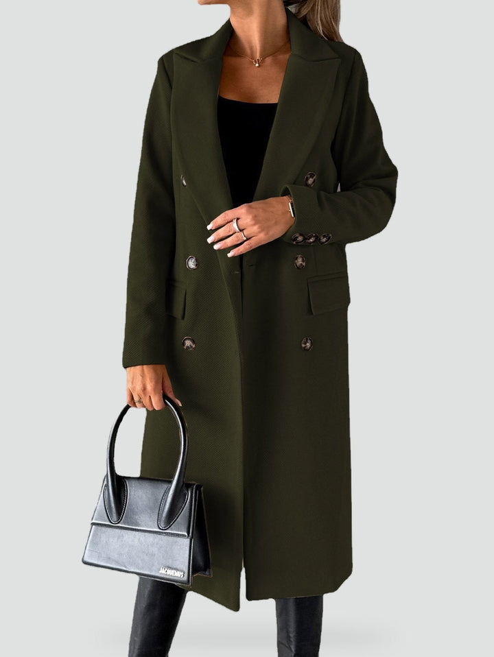 Ladies Warm Long Winter Coat with Lapel Collar and Double Button Row