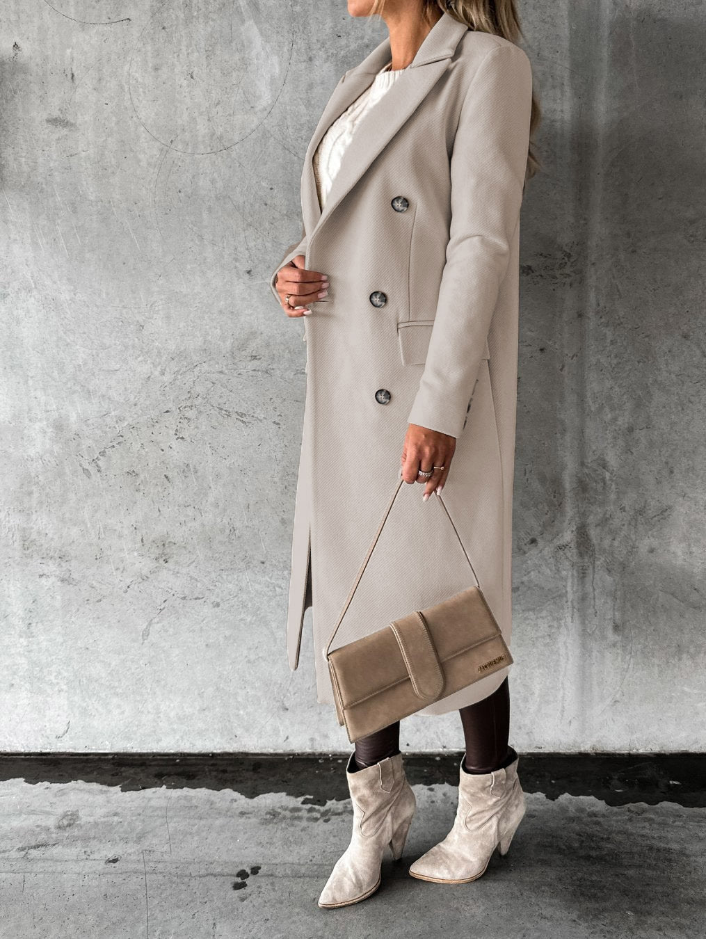 Ladies Warm Long Winter Coat with Lapel Collar and Double Button Row