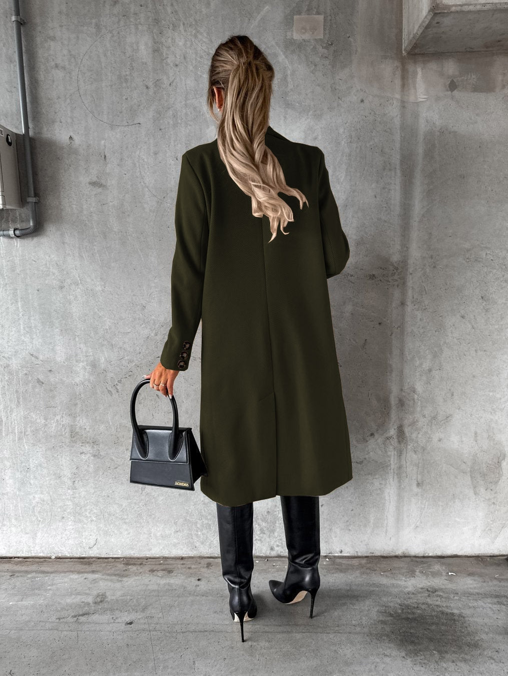Ladies Warm Long Winter Coat with Lapel Collar and Double Button Row