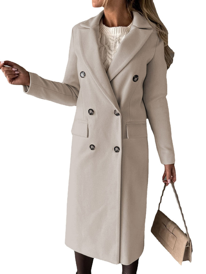 Ladies Warm Long Winter Coat with Lapel Collar and Double Button Row