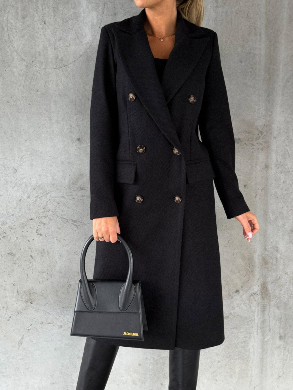 Ladies Warm Long Winter Coat with Lapel Collar and Double Button Row