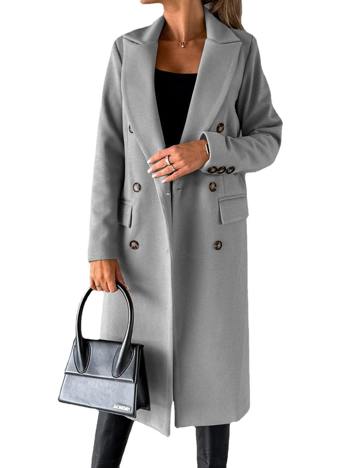 Ladies Warm Long Winter Coat with Lapel Collar and Double Button Row