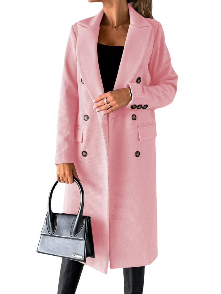 Ladies Warm Long Winter Coat with Lapel Collar and Double Button Row