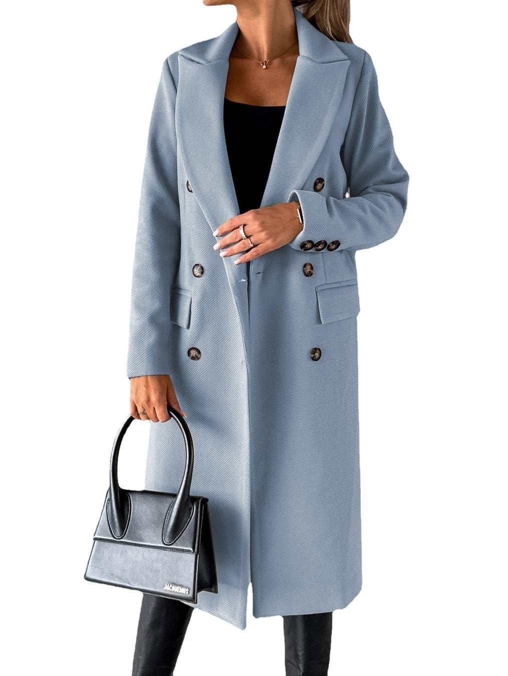 Ladies Warm Long Winter Coat with Lapel Collar and Double Button Row