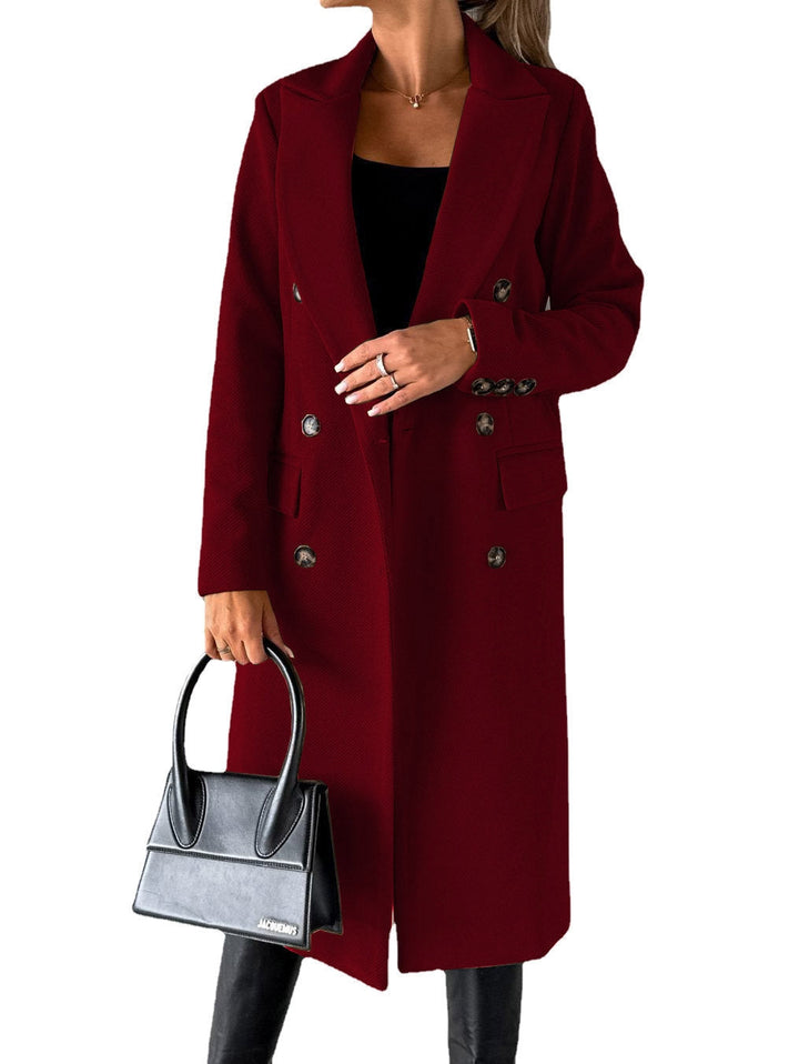 Ladies Warm Long Winter Coat with Lapel Collar and Double Button Row