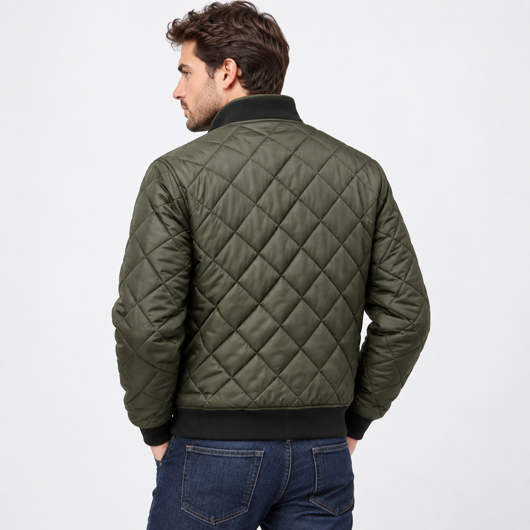 Men's Quilted Bomber Jacket with Diamond Pattern and Stand-Up Collar
