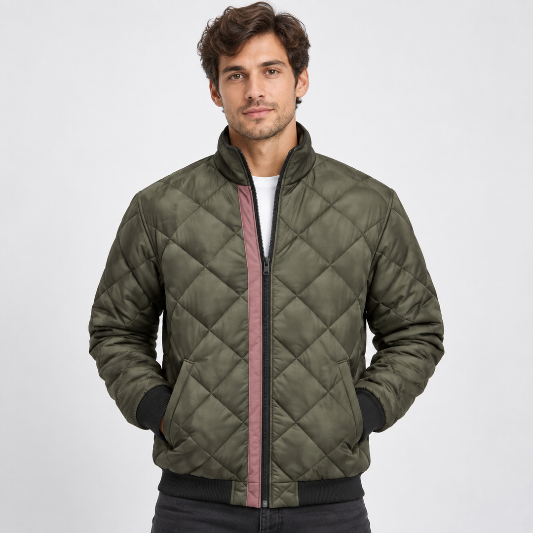 Men's Quilted Bomber Jacket with Diamond Pattern and Stand-Up Collar