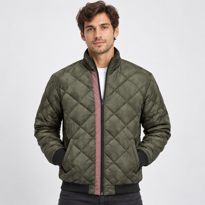 Men's Quilted Bomber Jacket with Diamond Pattern and Stand-Up Collar