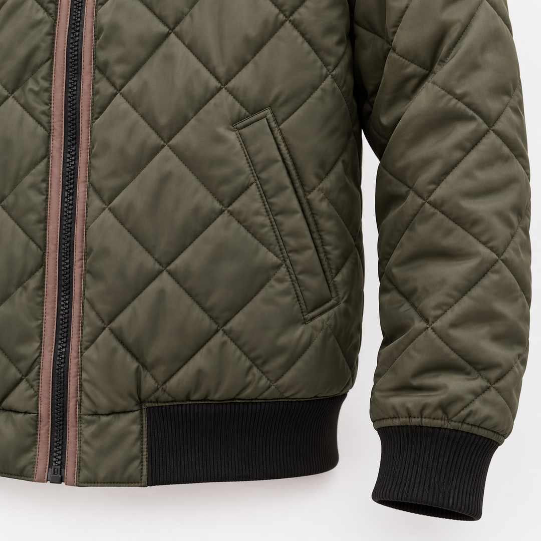 Men's Quilted Bomber Jacket with Diamond Pattern and Stand-Up Collar