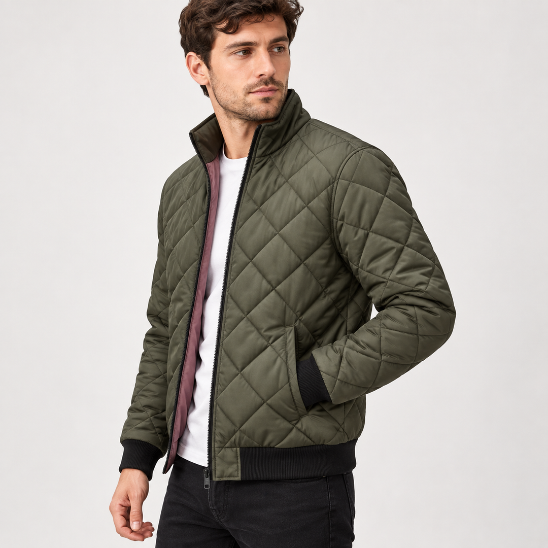 Men's Quilted Bomber Jacket with Diamond Pattern and Stand-Up Collar