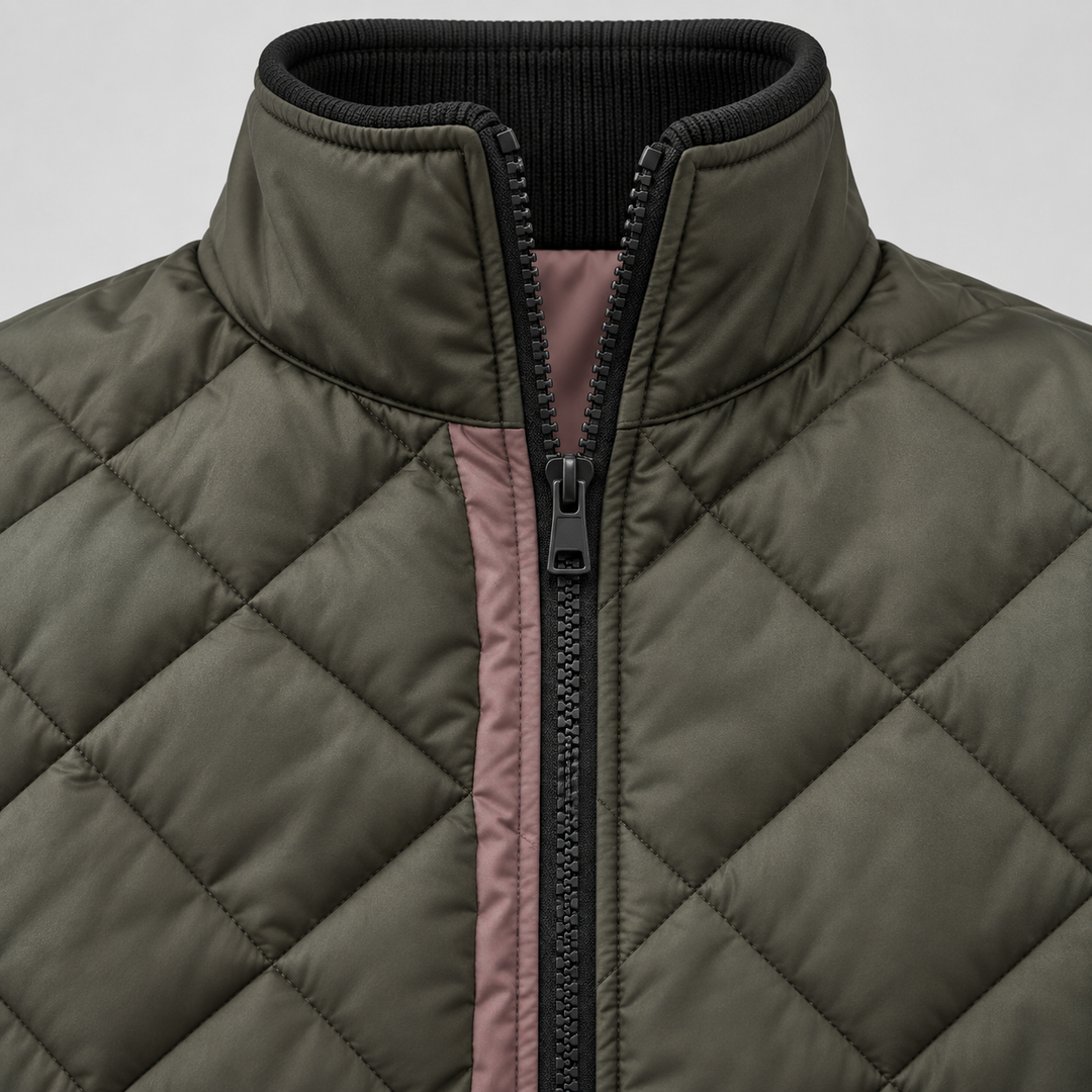Men's Quilted Bomber Jacket with Diamond Pattern and Stand-Up Collar