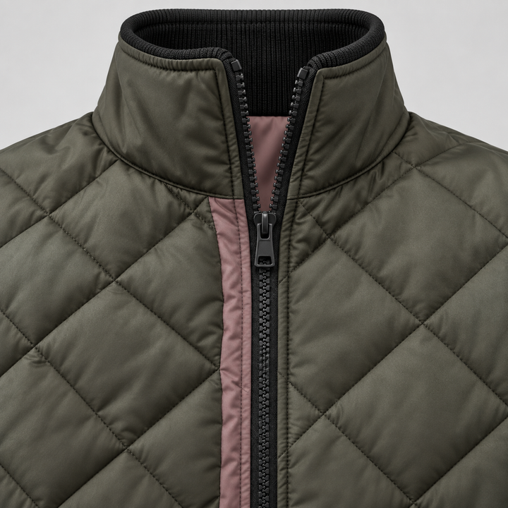 Men's Quilted Bomber Jacket with Diamond Pattern and Stand-Up Collar
