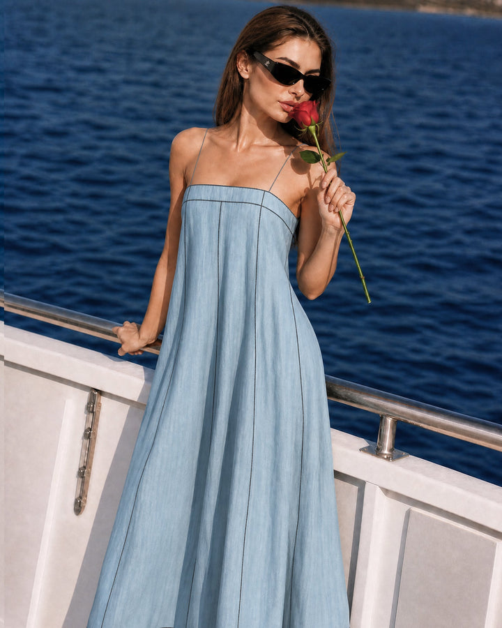 Women's Casual Blue Cotton-linen Sleeveless Camisole Maxi Dress, view 2 - Elena Harper