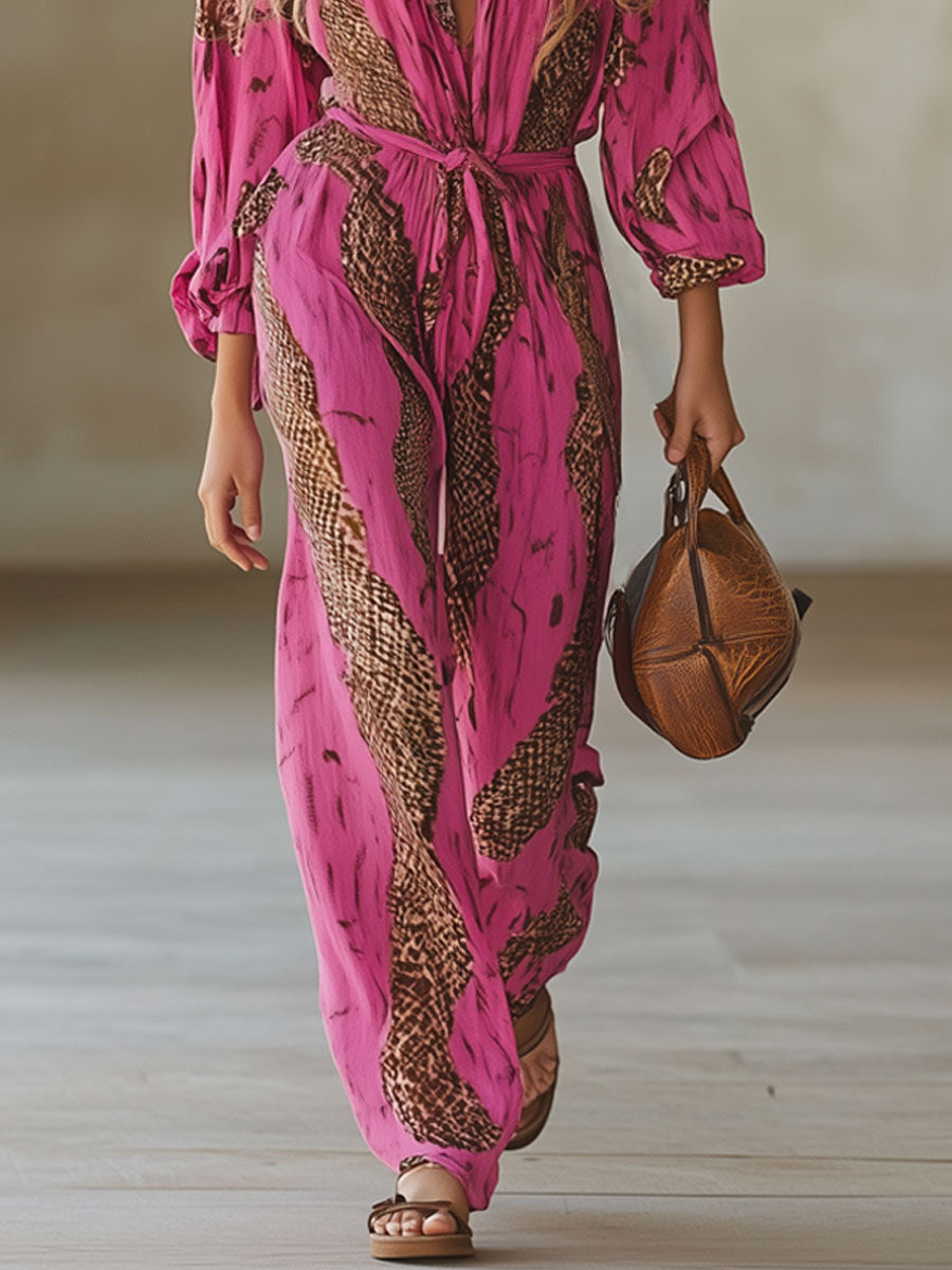 Casual Loose Rose Red Chiffon Leopard Print Long-Sleeved Jumpsuit, view 6 - Elena Harper