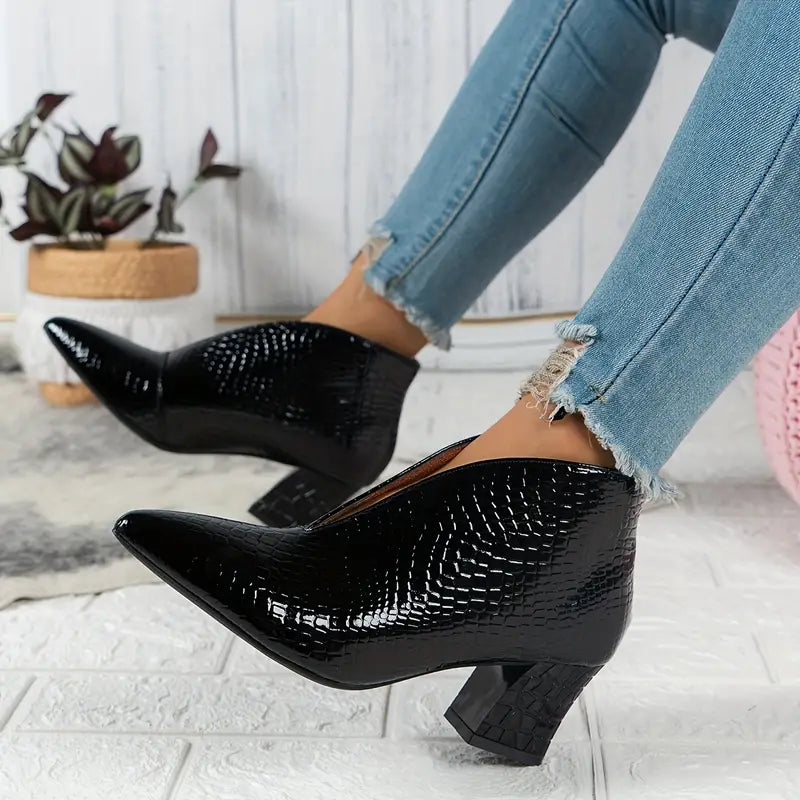 Women's Textured Ankle Boots with Curved Cut and Mid Block Heel, view 2 - Elena Harper