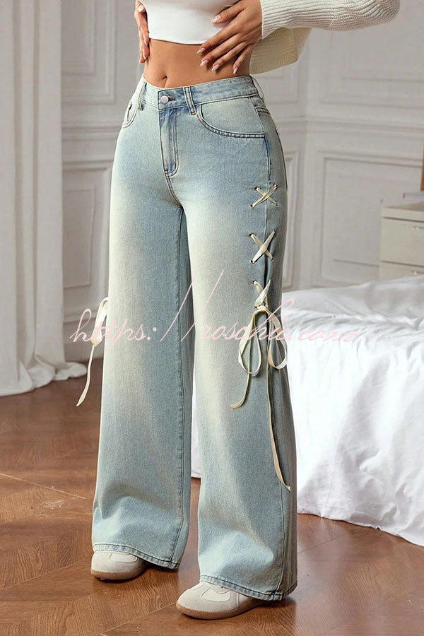 Fashionable Denim Mid Rise Side Ribbon Lace-up Pocket Wide Leg Jeans - Elena Harper