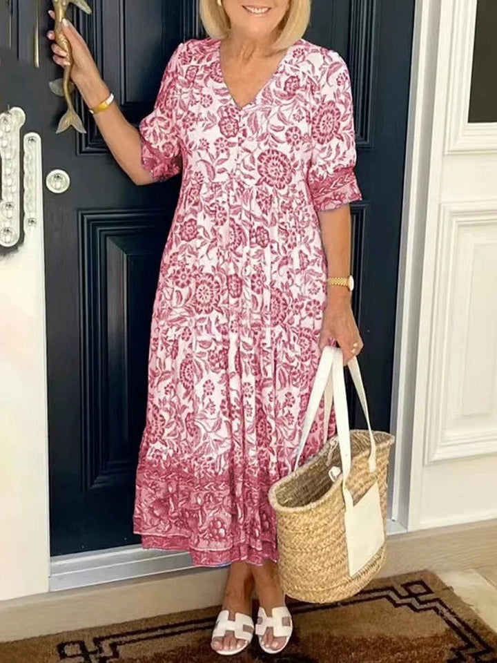 Lilara Boho Deep V Neck Floral Dress - Elena Harper