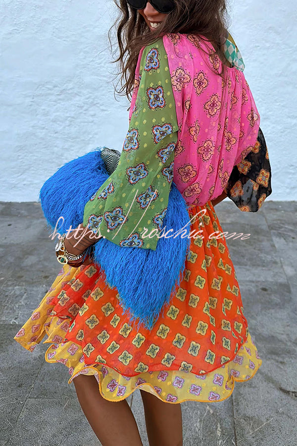 Nasha Colorful Tile Print Patchwork Balloon Sleeve Tie-up Elastic Waist Mini Dress