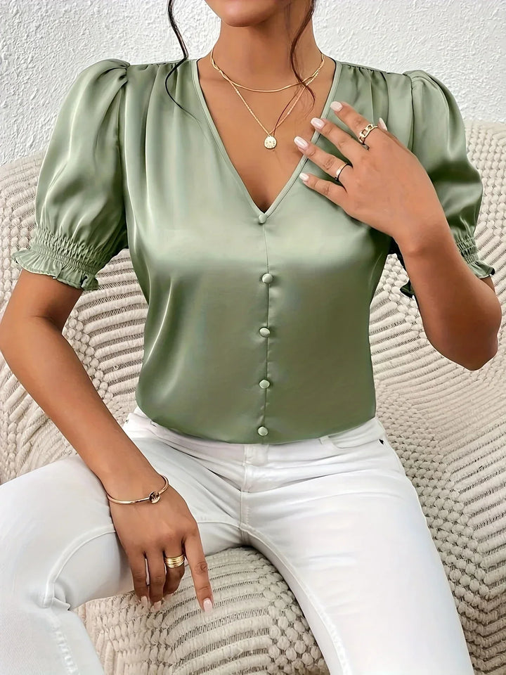 Abella - Elegant Blouse with V-Neck and Puff Sleeves