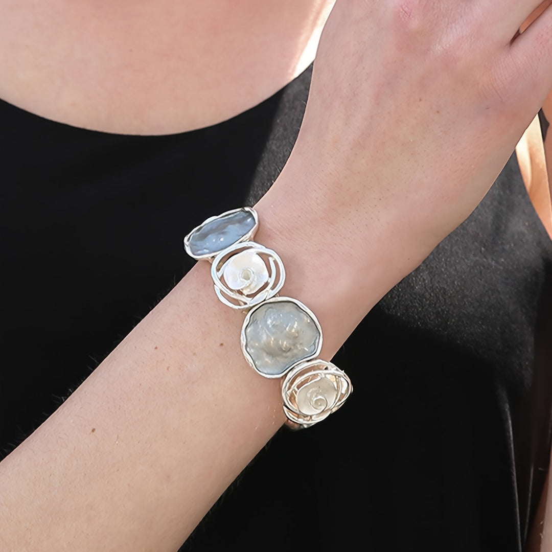 Bohemian Round Flower Geometric Design Cuff Elastic Bracelet - Elena Harper