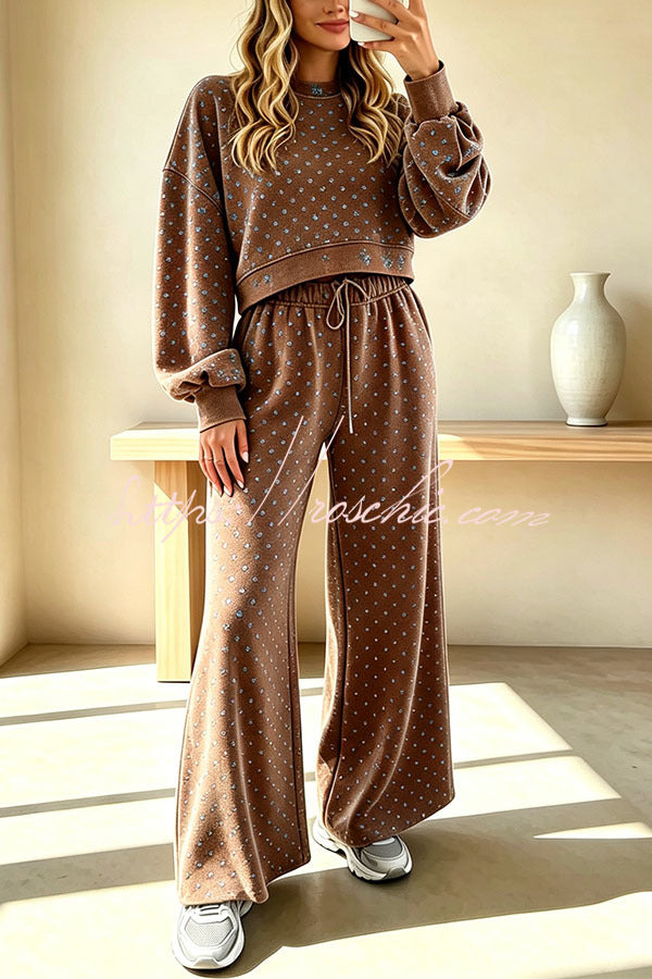 Relaxed and Casual Polka Dot Print Long Sleeve Sweatshirt and Drawstring Elastic Waist Pants Set