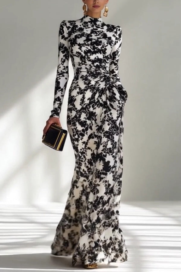 Black and White Color-blocked Printed Long-sleeved Pocket Slim-fit Pleated Maxi Dress, view 2 - Elena Harper