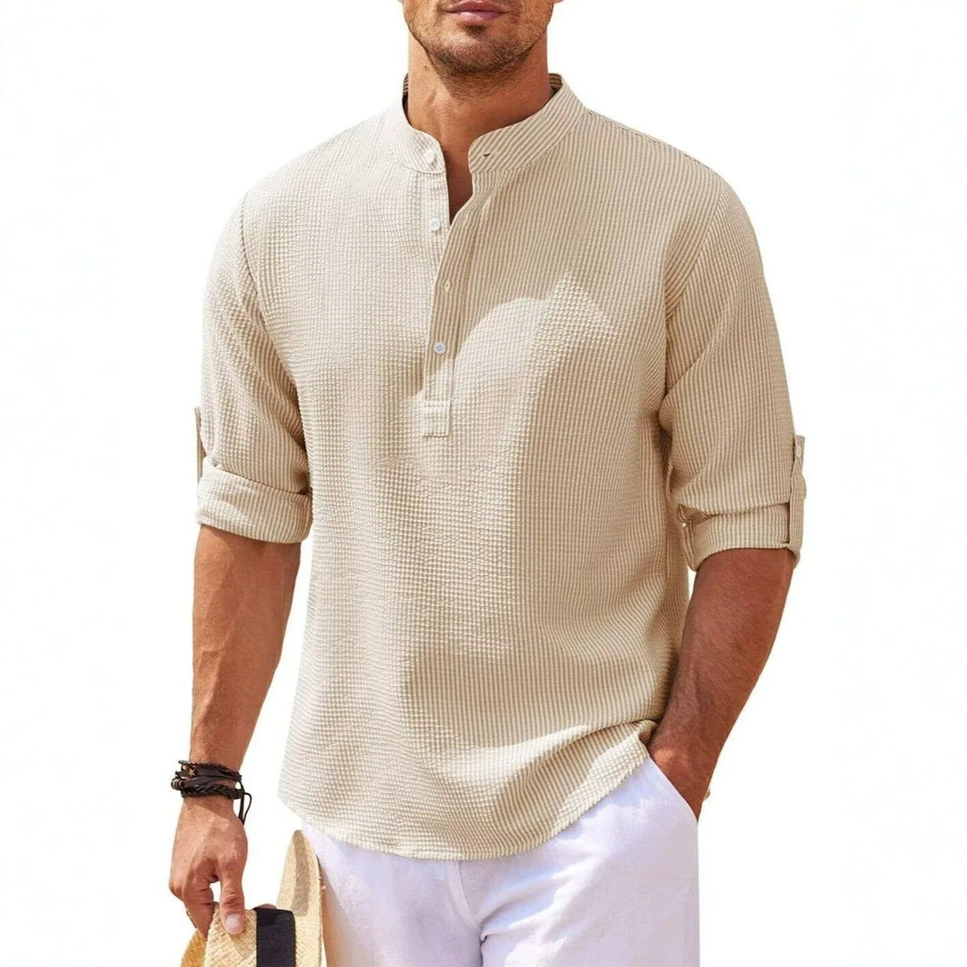 Sebastian Men's Linen Shirt Long Sleeve Stand Collar Henley Striped, view 3 - Elena Harper