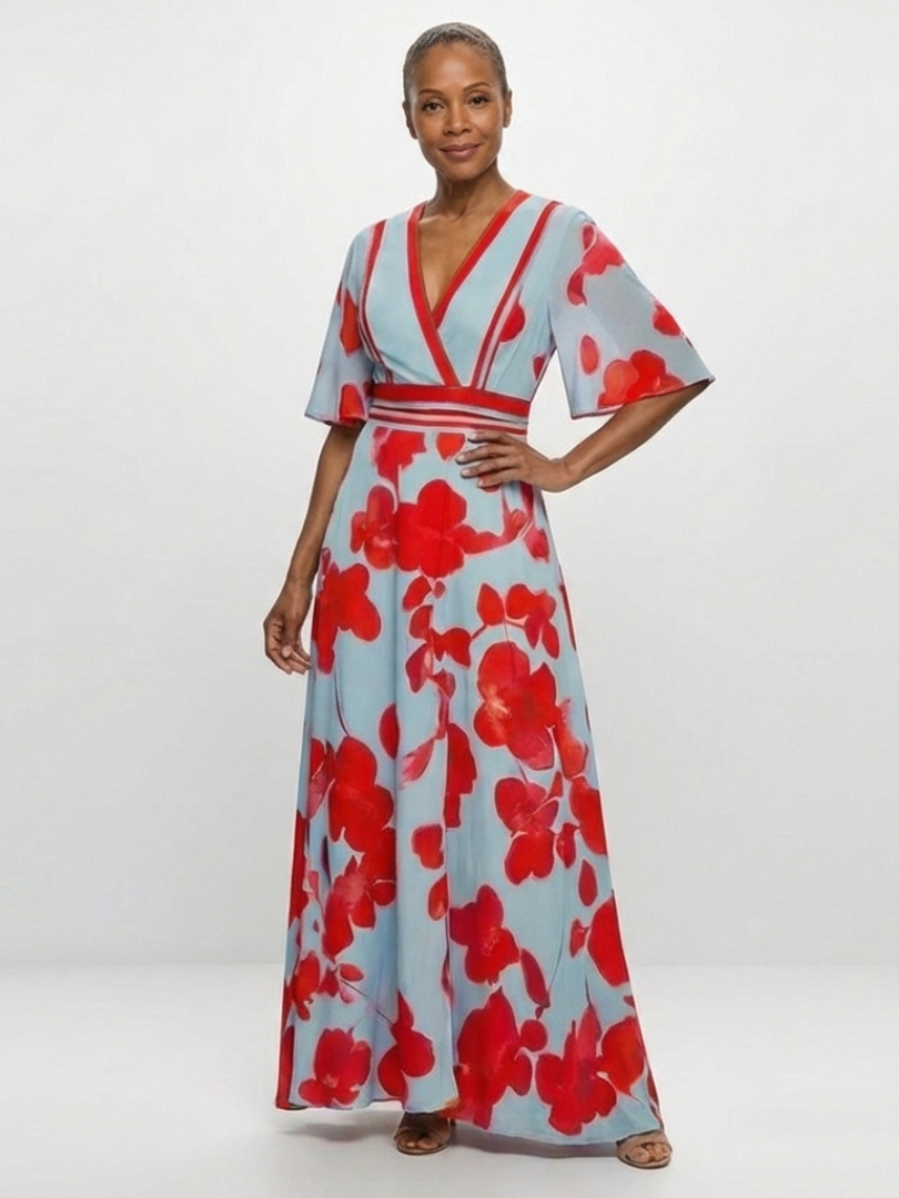 Corinne V Neck Short Sleeve Floral Maxi Dress - Elena Harper