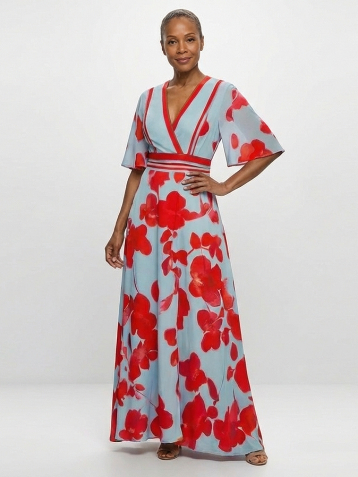 Corinne V Neck Short Sleeve Floral Maxi Dress - Elena Harper