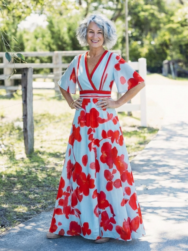 Corinne V Neck Short Sleeve Floral Maxi Dress - Elena Harper