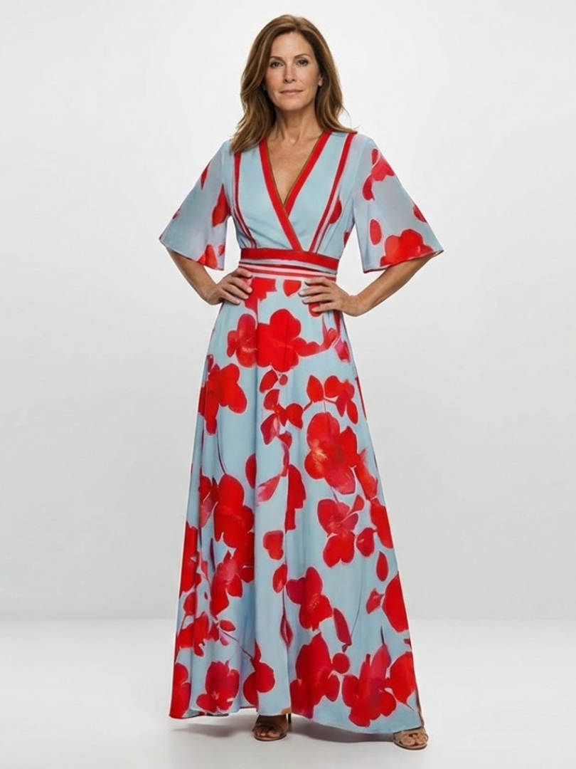 Corinne V Neck Short Sleeve Floral Maxi Dress - Elena Harper