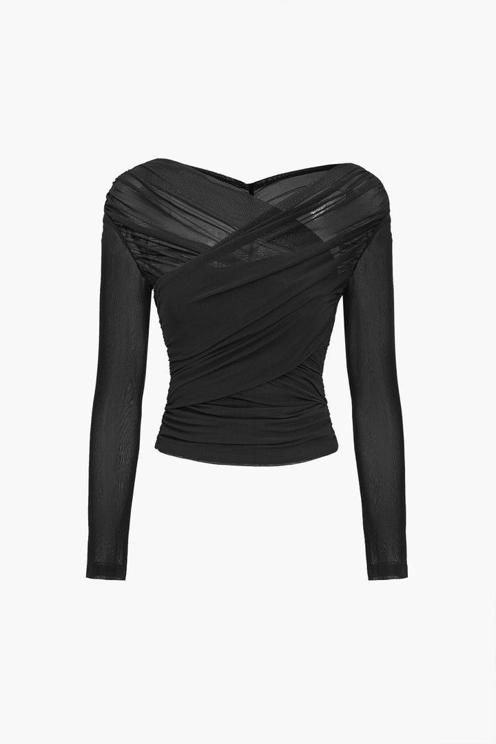 Draped Mesh Blouse for Women – Long Sleeves, Elegant and Casual Style for Work