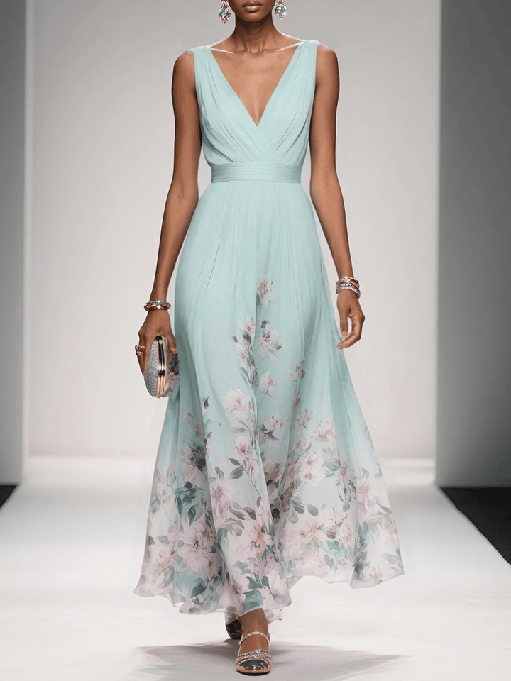 Elegant Light Blue Floral Chiffon V-Neck Sleeveless A-Line Maxi Dress