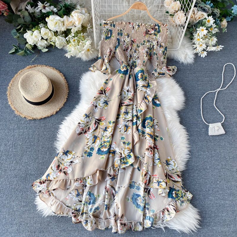 Women’s Midi Dress with Off-Shoulder, Short Sleeves, and Ruffles – Summer Style