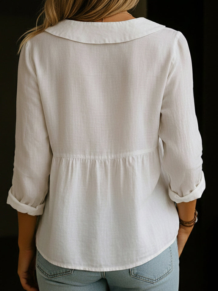 Linen Blouse with Button Closure and Notched Collar for Women