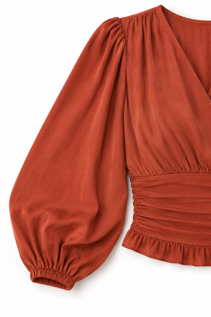 Cinchelle Ruched Waist Puff Sleeve Chiffon Look Blouse - Elena Harper
