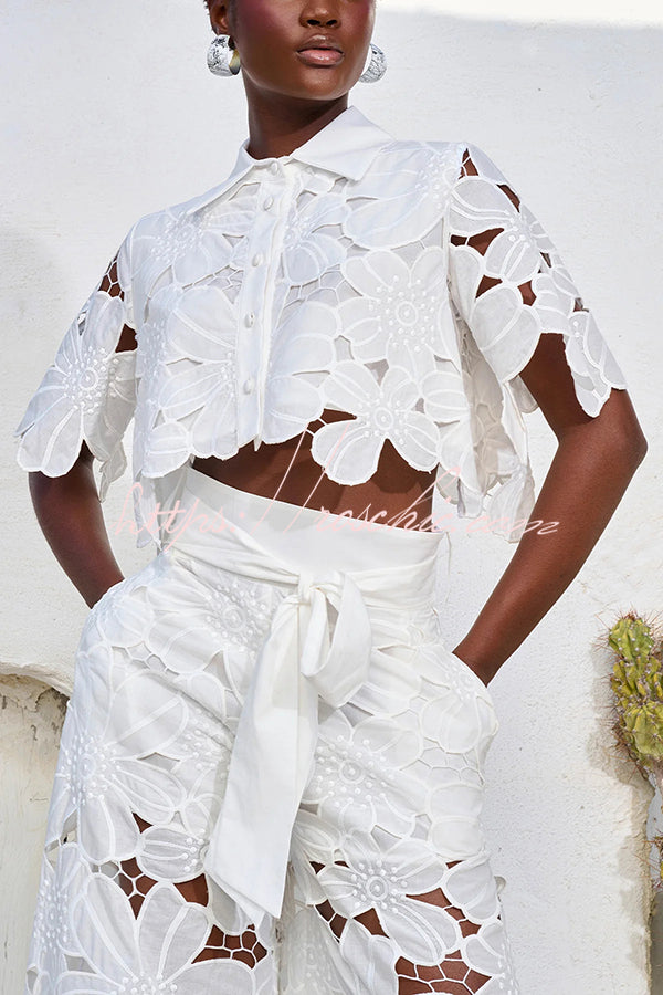 Redefining Elegance Floral Lace Cropped Shirt and Belt Pocketed Wide Leg Pants Set, view 7 - Elena Harper