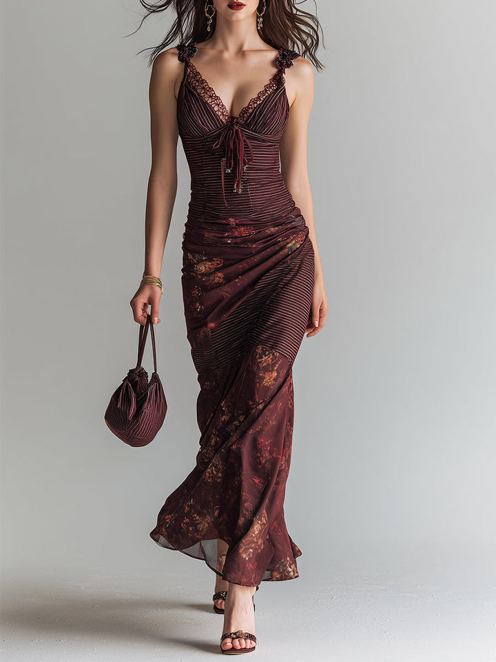 Retro Striped Flower Splicing Suspender Maxi Dress